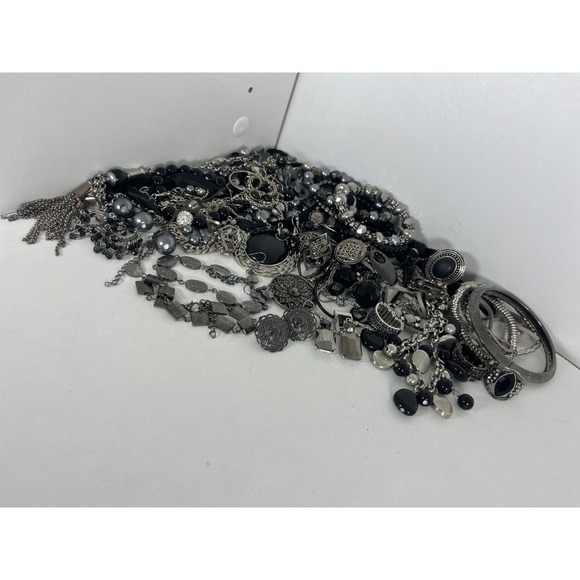 Black and Silver Tone Mixed Costume Jewelry Lot in Mason Jar Assorted Bundle - Picture 8 of 8